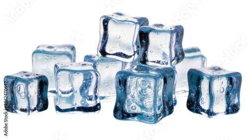 Clear ice cubes with air bubbles and blue tint