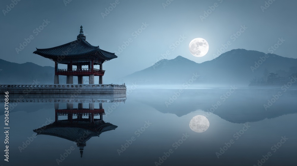 Obraz premium Traditional oriental korean pavilion built on a peaceful lake with a perfect symmetric water reflection under a giant luminous full moon and misty mountain landscape panorama during night
