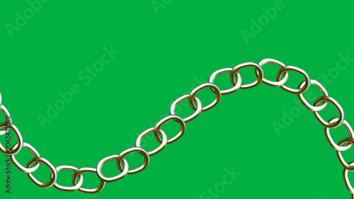 Chain links made of polished gold metal are arranged in an elegant curve against a solid green background.