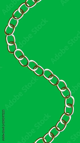 Chain links crafted from polished metal hang vertically against a vibrant solid green background to symbolize connection.