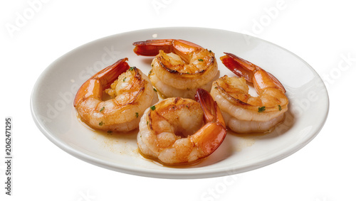 Four grilled shrimp with parsley on white plate