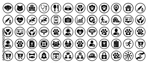 Foto A large set of pet care and veterinary in black and white, featuring animals, me