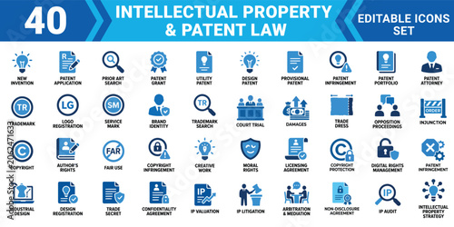 Foto Intellectual property patent law icon set 40 editable vector illustrations for l