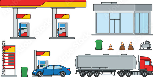 Foto Gas Station Vector Set with Fuel Pumps Convenience Store Tanker Truck Sedan Car