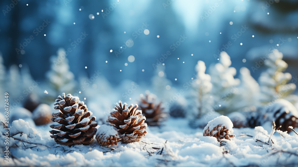 Naklejka premium Winter background .Merry Christmas and happy New Year greeting card with copy-space. Christmas landscape fir trees
