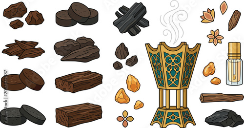 Fotografía Arabian Bakhoor Incense Burner Vector Set with Oud Wood Charcoal Perfume Oil and