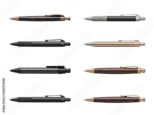 Elegant collection of eight luxury pens crafted from dark wood, metal, and carbon fiber.