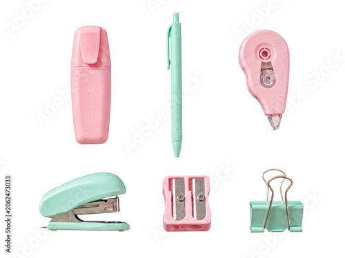 Cuadro en lienzo Assorted pastel office supplies: highlighter, pen, stapler, and sharpener on a transparent background
