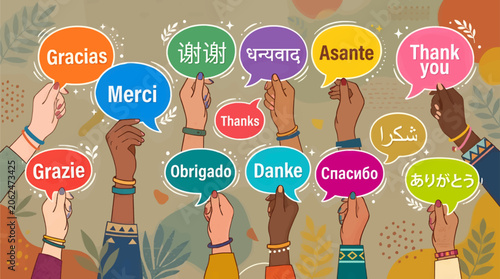 Konstfotografi Diverse Hands Holding Speech Bubbles with 'Thank You' in Multiple Languages, Fla