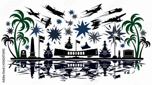 Foto Pearl Harbor Attack Vector Illustration: USS Arizona Memorial, Battleships, and