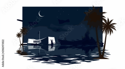 Foto USS Arizona Memorial and Battleship Silhouette at Night, Crescent Moon and Stars