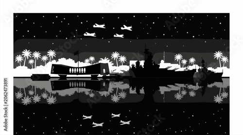 Foto Vector Silhouette of USS Arizona Memorial and Battleships at Night, with Airplan