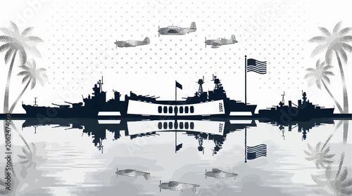 Εκτύπωση καμβά Silhouette of Battleships and Airplanes with American Flag and Palm Trees, Refle