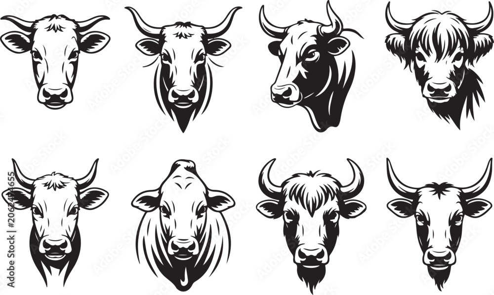 Obraz premium Black and white cattle heads vector illustration