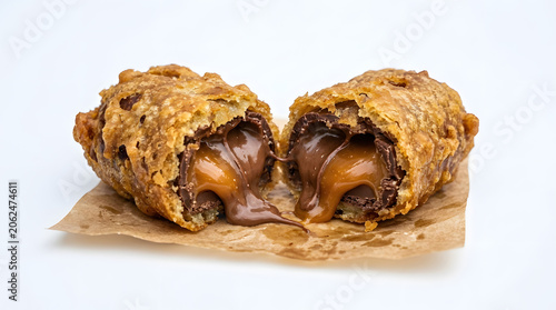 Famous Scottish deep-fried chocolate bar with crispy batter, isolated on white. Perfect for fun street food designs