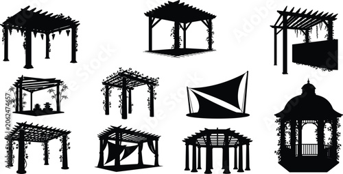 Photos Wooden pergola and garden gazebo silhouettes set for outdoor backyard landscapin