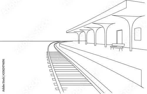 Railway Station Platform One Line Art Vector Illustration.