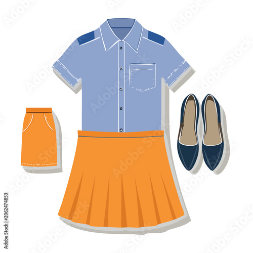 Blue laptop with orange accessories flat lay