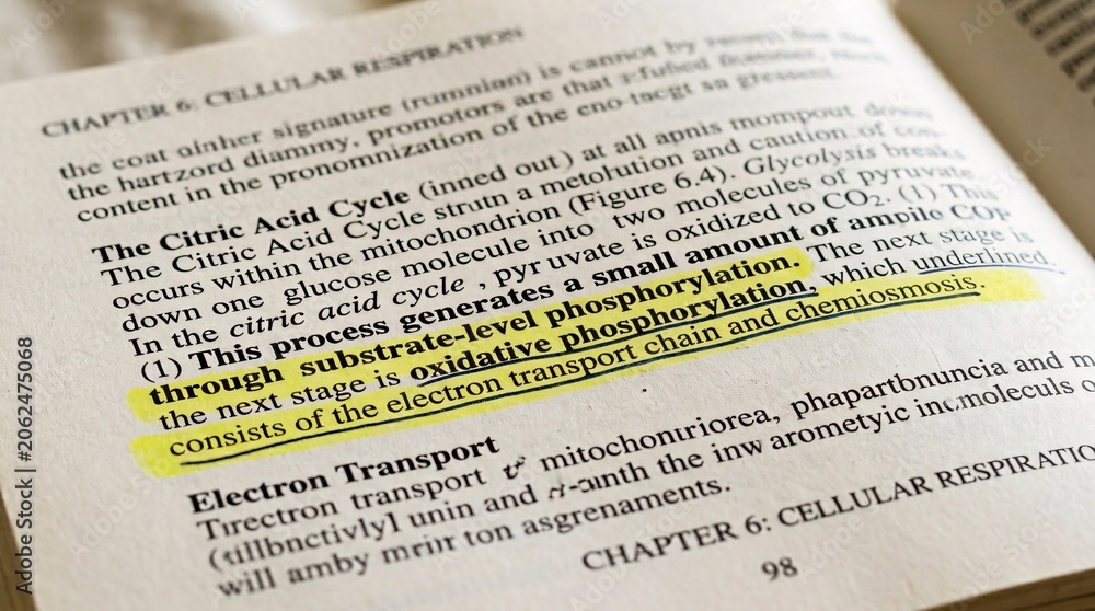 Obraz premium Close-up of a textbook page with post-it notes highlighting key terms in cellular respiration chapter