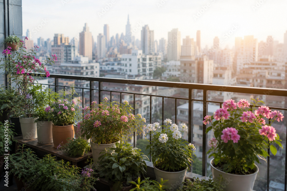 Fototapeta premium Urban Balcony Garden with Blooming Flowers