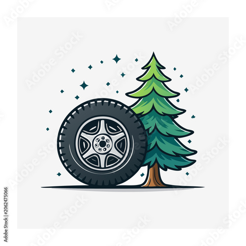 Flat design clock with green tree and snowflakes