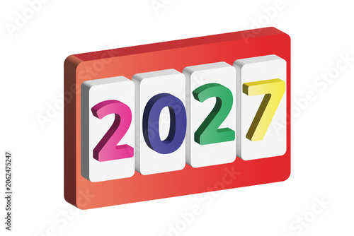 3D isometric 2027 number display on white tiles with red board base, colorful digits for happy new year and calendar concept, isolated illustration