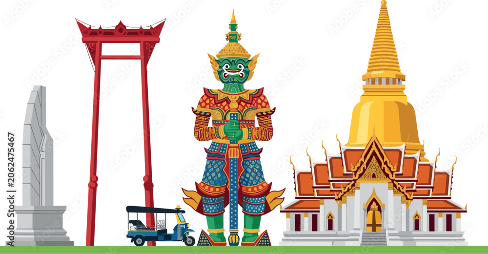 Obraz premium Thailand Famous Landmarks Vector Illustration Set Featuring Bangkok Giant Swing Wat Arun Temple Golden Pagoda Tuk Tuk and Yaksha Guardian Demon