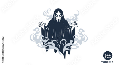 Foto Hooded phantom rising from swirling smoke and mist
