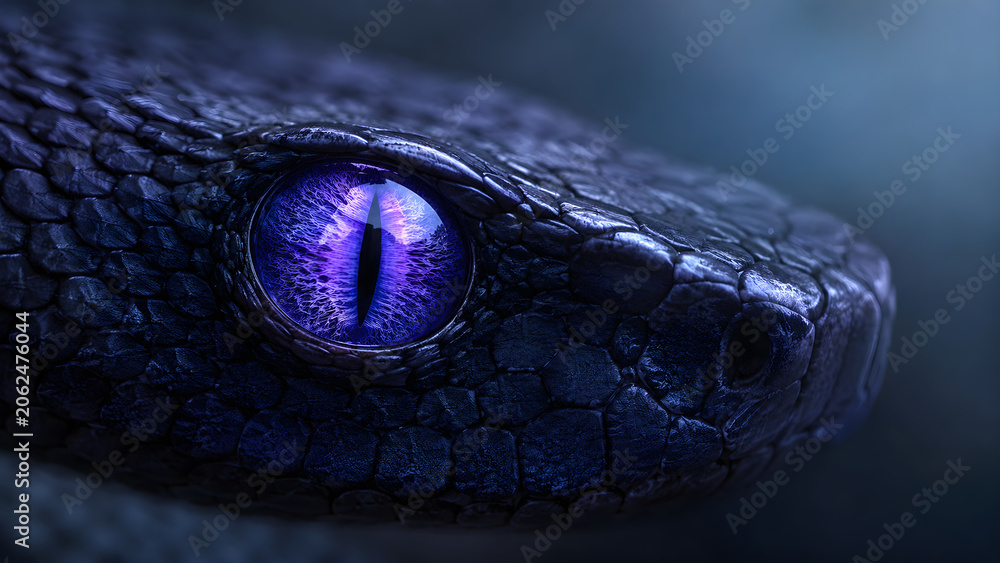 Fototapeta premium Close up of a dark snake with an intense glowing purple eye