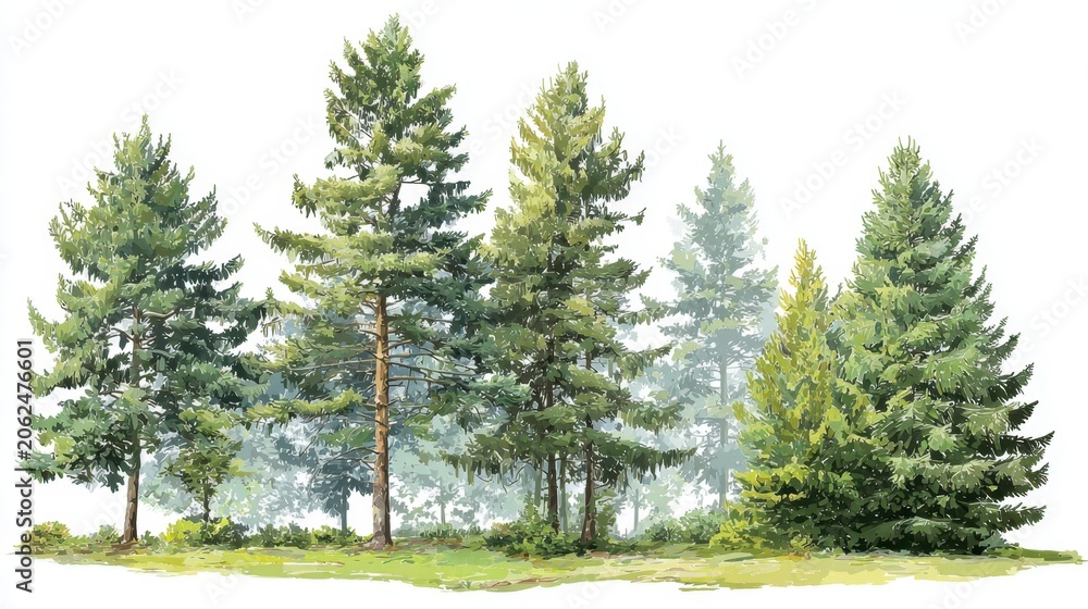 Fototapeta premium Lush Green Trees in a Scenic Forest Setting, Showcasing Various Types of Evergreen Foliage, Ideal for Nature and Outdoor Illustrations, Posters, and Educational Materials