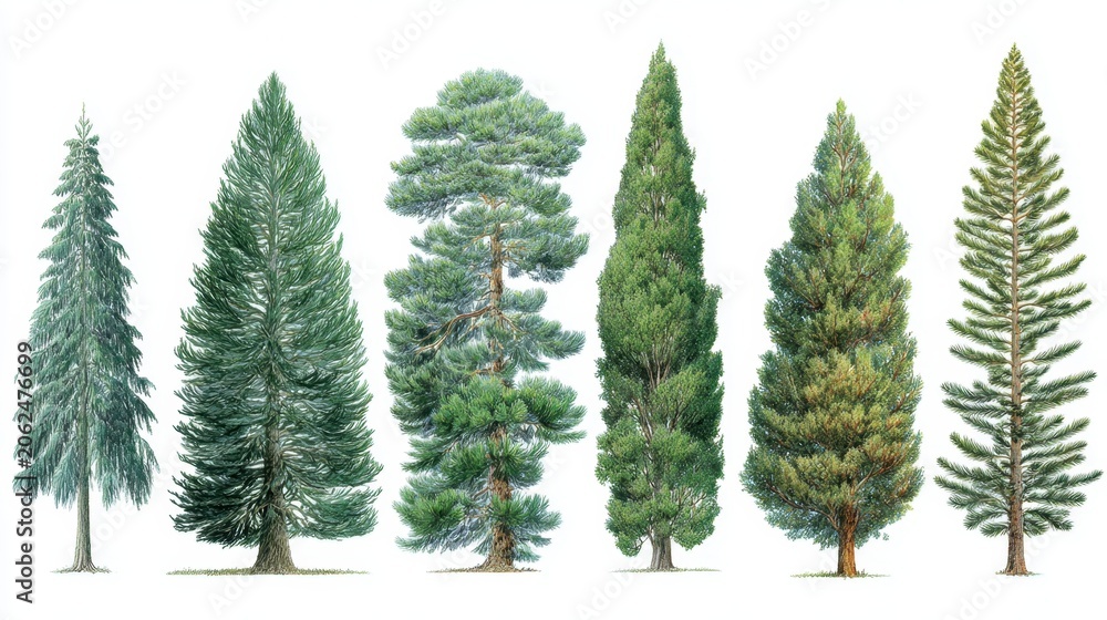 Obraz premium A Collection of Various Types of Coniferous Trees Illustrated with Detailed Features and Lush Greenery for Educational and Artistic Use