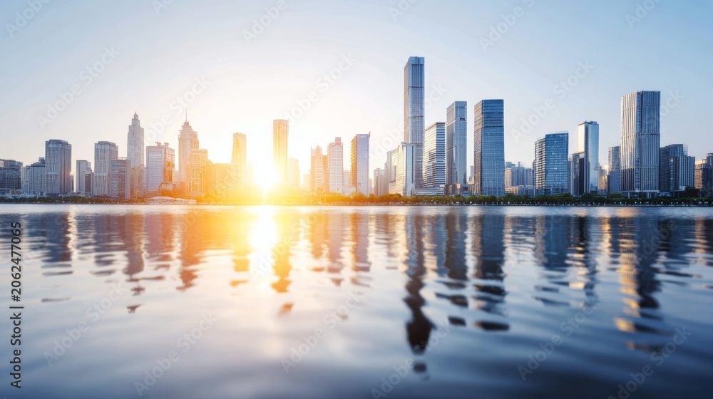 Obraz premium City skyline reflecting on calm water during golden hour, modern skyscrapers illuminated by setting sun, urban cityscape