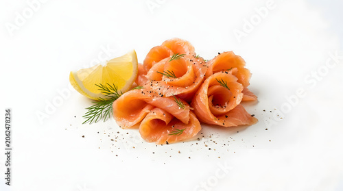 Premium fresh Scottish smoked salmon slices isolated on white. Excellent for gourmet seafood and healthy diet designs