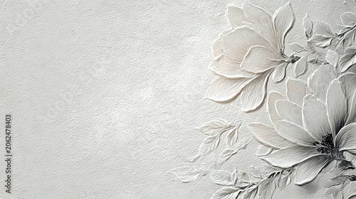 White Magnolia Embossed Floral Background with Elegant Botanical Relief and Copy Space