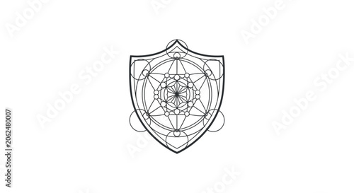 Fotografi Sacred Geometry Shield Symbol with Metatron Cube and Complex Linear Mandala Patt