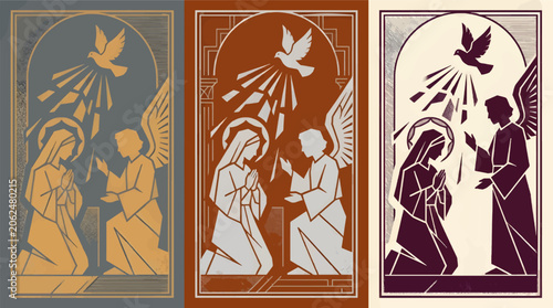Vector Illustration of the Annunciation, Mary Kneeling with Angel Gabriel and Dove, Stylized Geometric Art with Monochromatic Color Palettes
