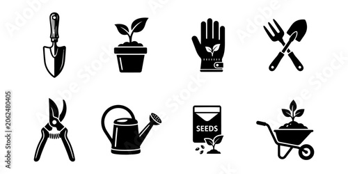 A collection of gardening tool content set vector icons in a modern, simple, clean, and abstract style. Icons for business, gardening, and personal branding.