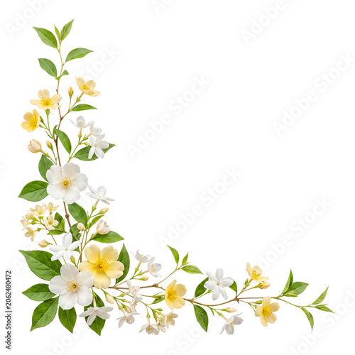Delicate floral corner border arrangement featuring white and yellow blossoms with fresh green foliage.