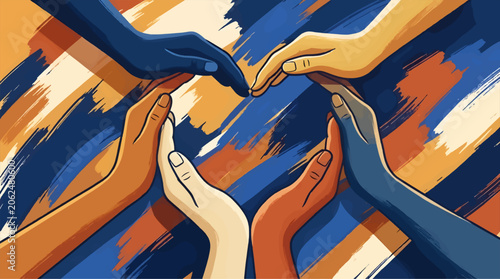 Diverse Hands Forming Heart Shape in Abstract Brush Stroke Background, Unity and Connection Concept, Vector Illustration