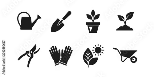 A collection of gardening tool content set vector icons in a modern, simple, clean, and abstract style. Icons for business, gardening, and personal branding.