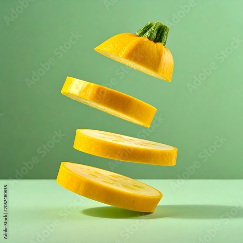 A creative still life of a sliced yellow vegetable