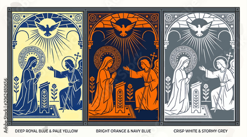 Monochromatic Vector Illustration of the Annunciation with Virgin Mary and Angel Gabriel, Holy Spirit Dove Above, Three Color Variations