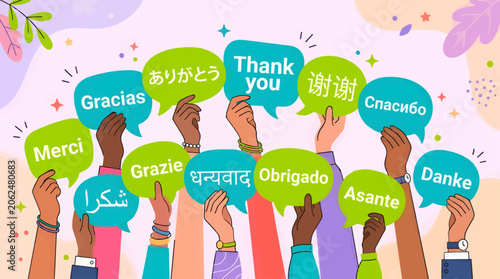 Diverse Hands Holding Speech Bubbles with 'Thank You' in Multiple Languages, Flat Vector Illustration of Global Communication and Appreciation