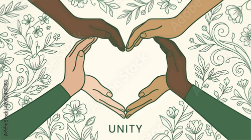Diverse Hands Forming Heart Shape with Floral Border and 