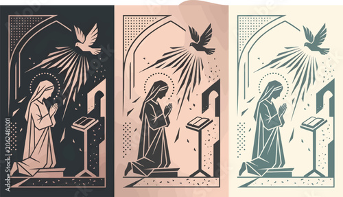 Quadro su tela Monochromatic Vector Illustration of the Annunciation, Depicting Mary Kneeling i