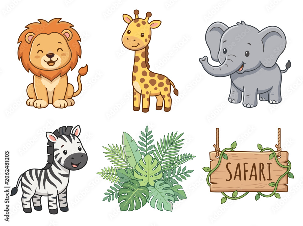 Fototapeta premium Vector set of safari animal illustrations with baby lion, giraffe, elephant, zebra, tropical leaf, and wooden banner on white background