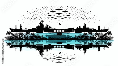 Εκτύπωση καμβά Vector Silhouette of USS Arizona Memorial with Battleships and Airplanes, Tropic