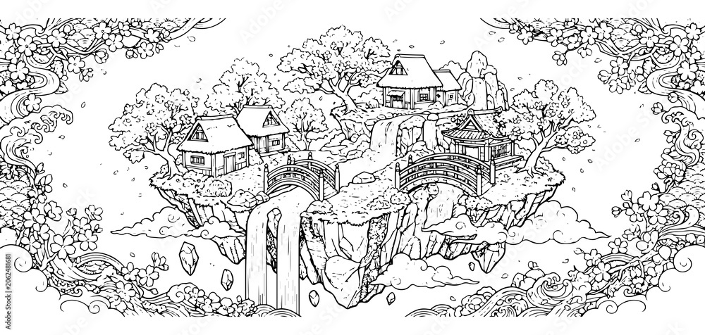 Obraz premium Detailed black and white line of a fantasy floating island with traditional japanese houses, cherry blossoms, and waterfalls