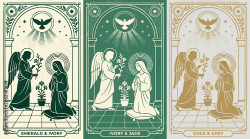 Quadro su tela Monochromatic Vector Illustration of the Annunciation Scene with Angel and Mary,