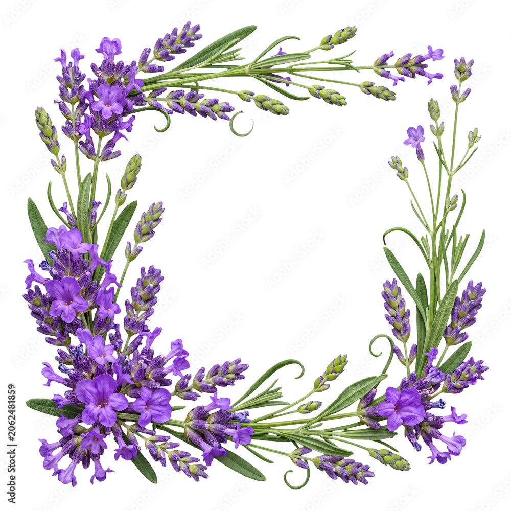 Obraz premium Rich and vibrant lavender flowers and green sprigs arranged in a dense square frame design.